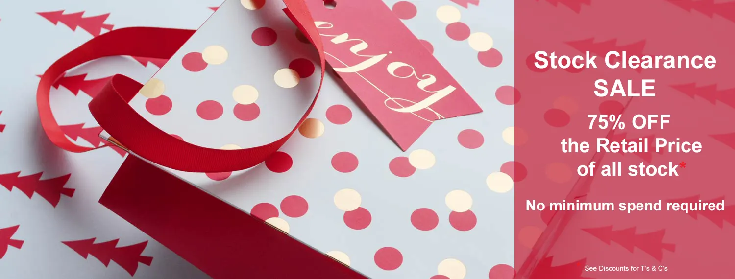 Stock Clearance Sale banner showing confetti gift bags in red and gold